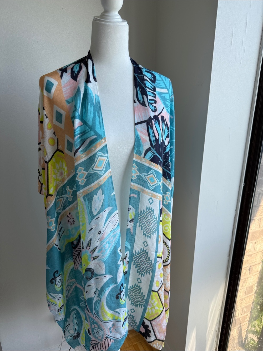 Light Blue Multi-Print Open Front Kimono Cardigan - Picture 3 of 4